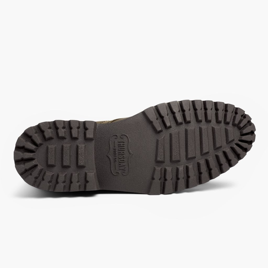 High-Traction Rubber Outsole & Lug Tread Pattern on Captain StormKing® Verde Oliva Oscuro Mate Botas de cuero para Hombre