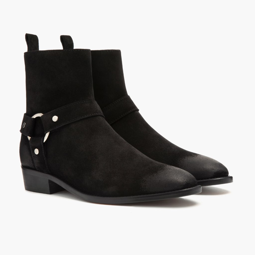 Harness Negro Suede Botas de cuero para Hombre in Black Goatskin Suede - Vista de perfil | Comprar online