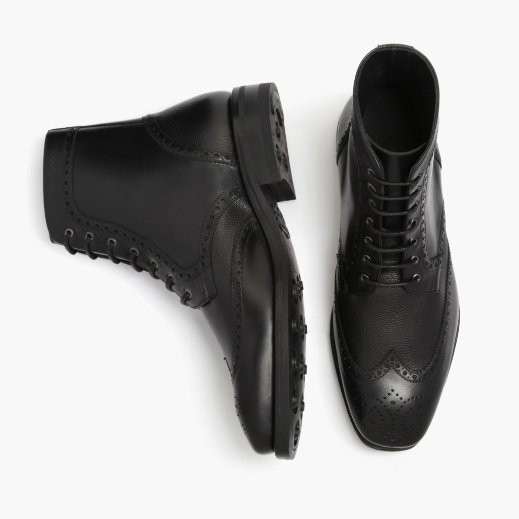 Wingtip Negro Botas de cuero para Hombre For Men - Contrafuerte de talón reforzado y doble costura de precisión
