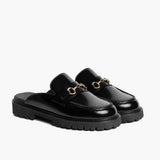Women's Penny Mule Black & Gold Leather Loafers in Black Full-Grain Leather - Lateral Side Profile View | Buy Online