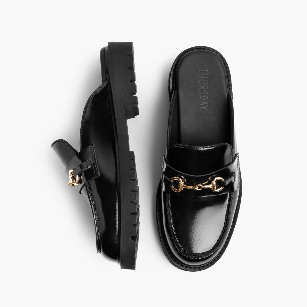 Penny Mule Negro & Gold Mocasines de cuero para Mujer - Contrafuerte de talón reforzado y doble costura de precisión