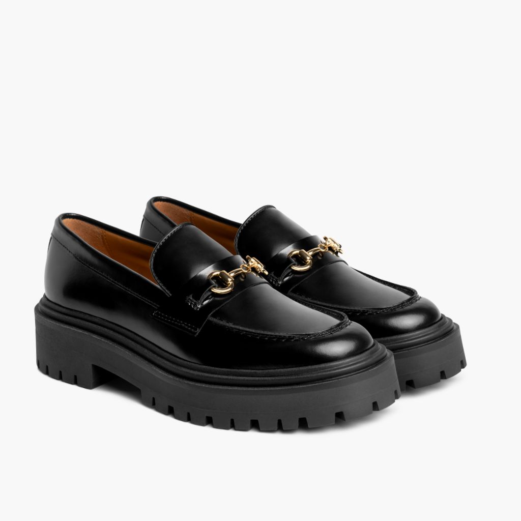 Penny Platform Negro & Gold Mocasines de cuero para Mujer en cuero vacuno negro auténtico - Vista de perfil | Comprar online