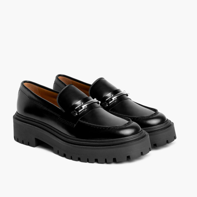 Penny Platform Negro & Silver Leather Loafers para Mujer