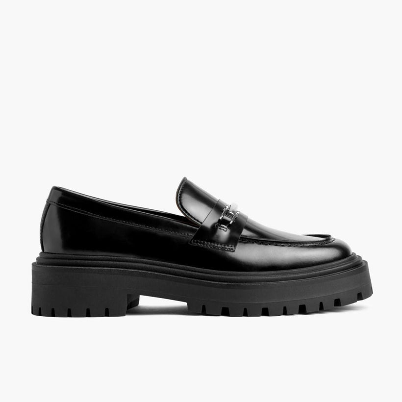 Penny Platform Negro & Silver Leather Loafers para Mujer
