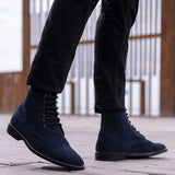 Styled Fit Perspective of Duster Brogues Blue Suede Leather Boots StudGuard For Men on Model - Natural Daylight Drape