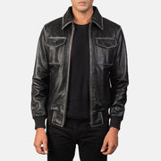 Men's Aaron Distressed Black Leather Bomber Jacket in Black Cowhide Leather - Vista frontal y silueta a medida | Comprar online