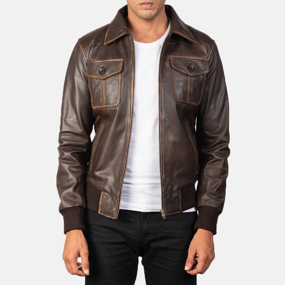 Men's Aaron Distressed Brown Leather Bomber Jacket in Brown Goatskin Leather - Vista frontal y silueta a medida | Comprar online