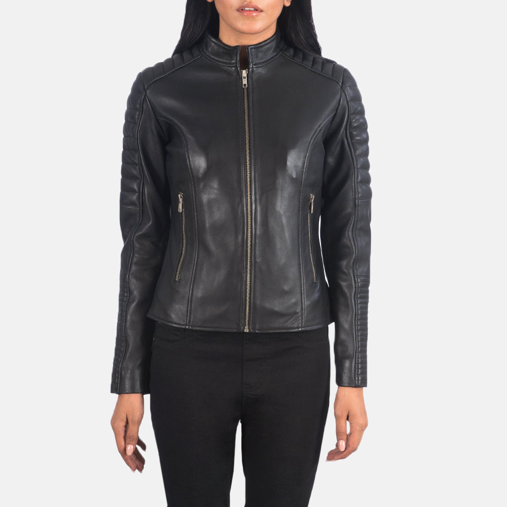 
Vista de detalle of Band & Zipper Hardware on Adalyn Acolchado Negro Chaqueta Biker de Cuero para Mujer