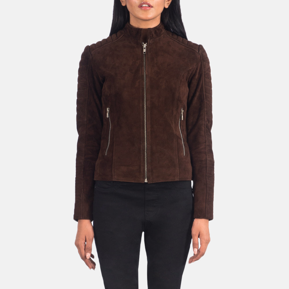 Women's Adalyn Acolchado Mocha Suede Chaqueta Biker de Cuero para Mujer in Mocha Brown Goatskin Suede - Vista frontal y silueta a medida | Comprar online