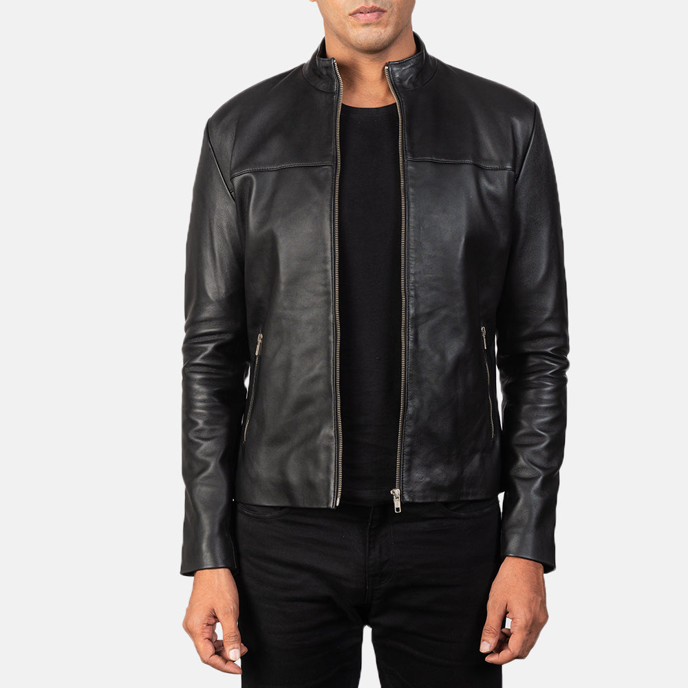 Men's Adornica Negro Chaqueta Biker de Cuero para Hombre in Black Sheepskin Leather - Vista frontal y silueta a medida | Comprar online