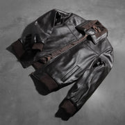 Rib Knit &amp; Hem Craftsmanship Construction Detail on Men's Air Rolf Mocha Brown Leather Bomber Jacket