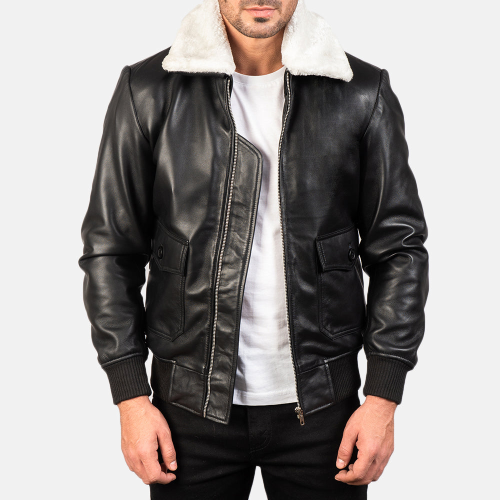 
Airin G-1 Black & White Leather Bomber Jacket in Black Sheepskin Leather - Vista frontal y silueta entallada | Comprar online
