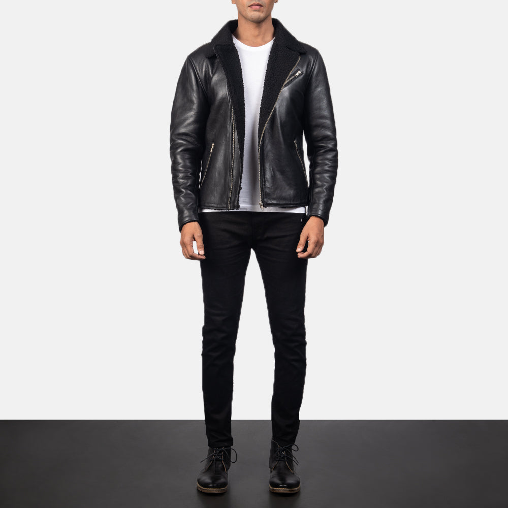 
Vista de detalle of Notch & Zipper Hardware on Alberto Shearling Negro Chaqueta de Cuero para Hombre