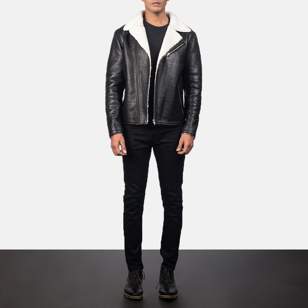 
Vista de detalle of Notch & Zipper Hardware on Alberto Blanco Shearling Negro Chaqueta de Cuero para Hombre
