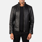 Men's Alex Black Leather Biker Jacket in Black Cowhide Leather - Vista frontal y silueta a medida | Comprar online