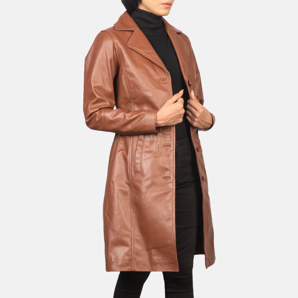 Close-Up Detail of Notch & Buttons Hardware on Women's Alexis Brown Single Breasted Leather Coat