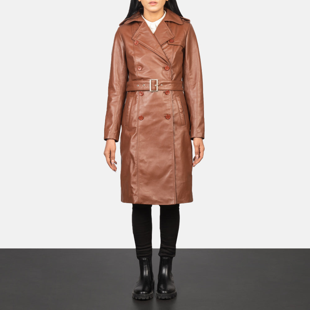 
Alice Marrón Double Breasted Abrigo de Cuero para Mujer in Black Cowhide Leather - Vista frontal y silueta entallada | Comprar online