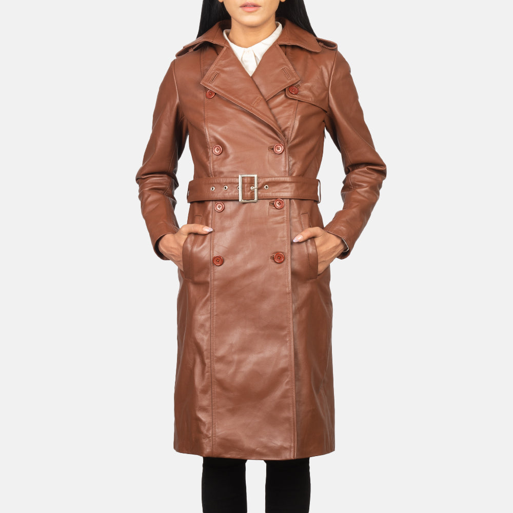 Women's Alice Brown Double Breasted Leather Coat - Lateral Side Profile View Showing Sleeve Cut & Athletic Taper Fit