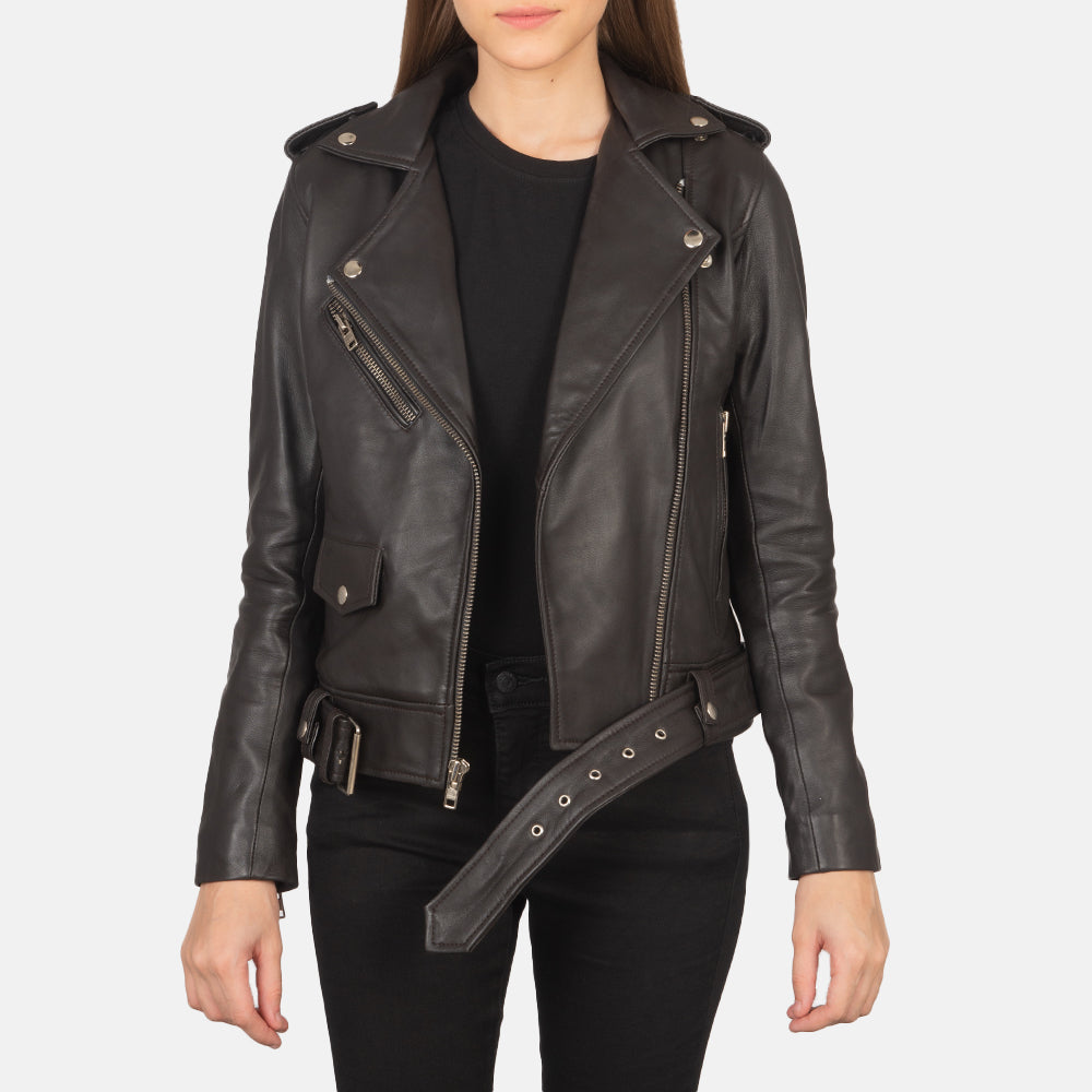 Women's Alison Marrón Chaqueta Biker de Cuero para Mujer in Brown Sheepskin Leather - Vista frontal y silueta a medida | Comprar online