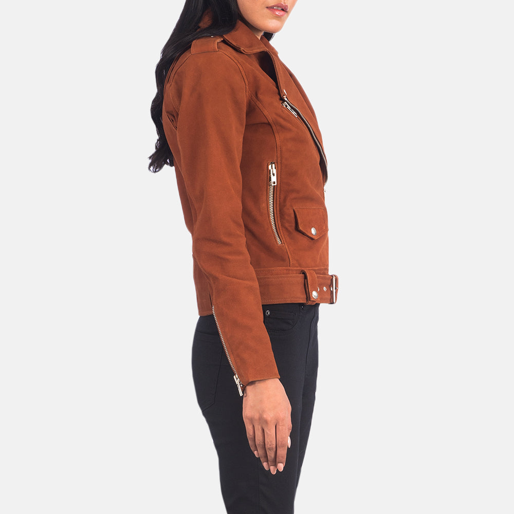 Brown Goatskin Suede Biker Jacket - Vista trasera con ajuste entallado en hombros y bajo impecable