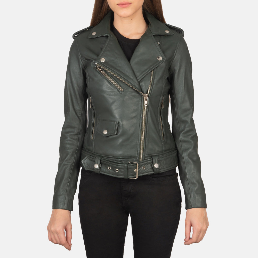
Vista de detalle of Notch & Zipper Hardware on Alison Verde Chaqueta Biker de Cuero para Mujer