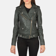 
Vista de detalle of Notch & Zipper Hardware on Alison Verde Chaqueta Biker de Cuero para Mujer