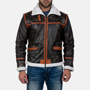 Men's Alpine Marrón Fur Chaqueta de Cuero para Hombre in Distressed Brown Goatskin Leather - Vista frontal y silueta a medida | Comprar online