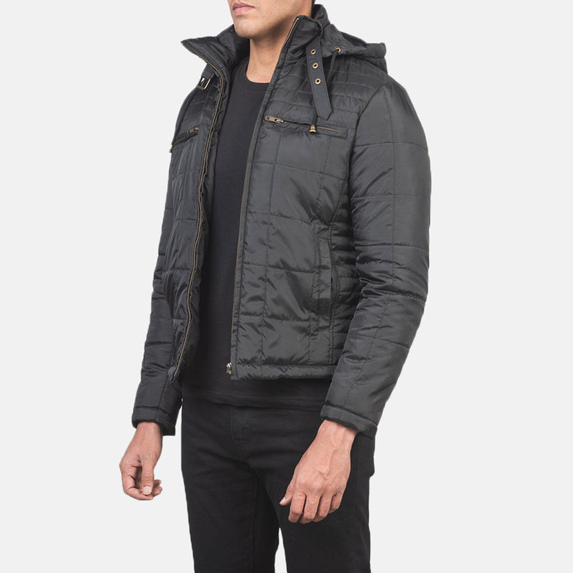 Alps Acolchado Negro Hooded Windbreaker Chaqueta de Cuero para Hombre