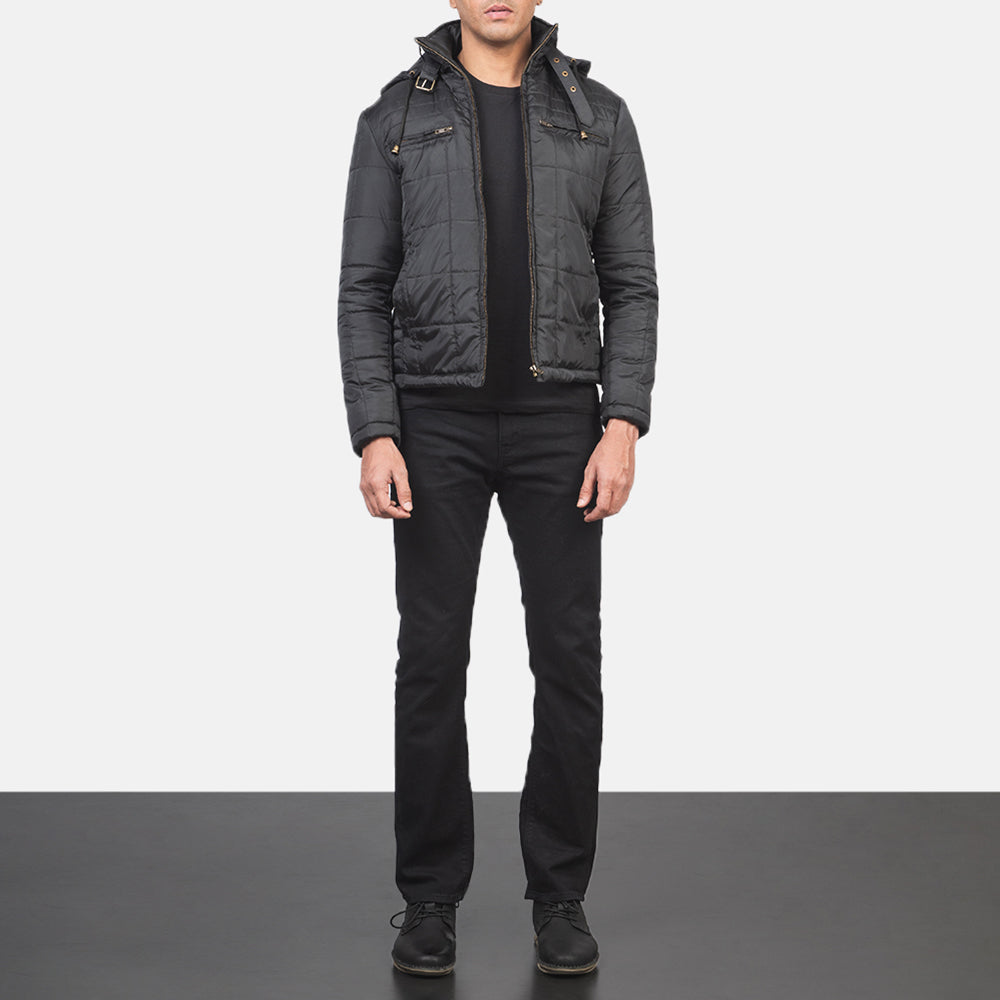 Men's Alps Quilted Black Windbreaker Jacket - Vista de perfil lateral con corte ergonómico de manga