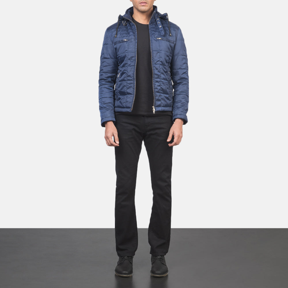 
Vista de detalle of High neck with Belt & Zipper Hardware on Alps Quilted Blue Windbreaker Jacket
