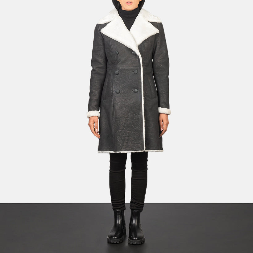 Amie Negro Double-Breasted Shearling Abrigo de Cuero para Mujer