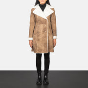 Women's Amie Distressed Brown Double Breasted Shearling Coat in Distressed Brown Sheepskin Snuffed - Vista frontal y silueta a medida | Comprar online