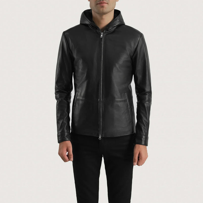 Andy Matte Negro Hooded Chaqueta de Cuero para Hombre