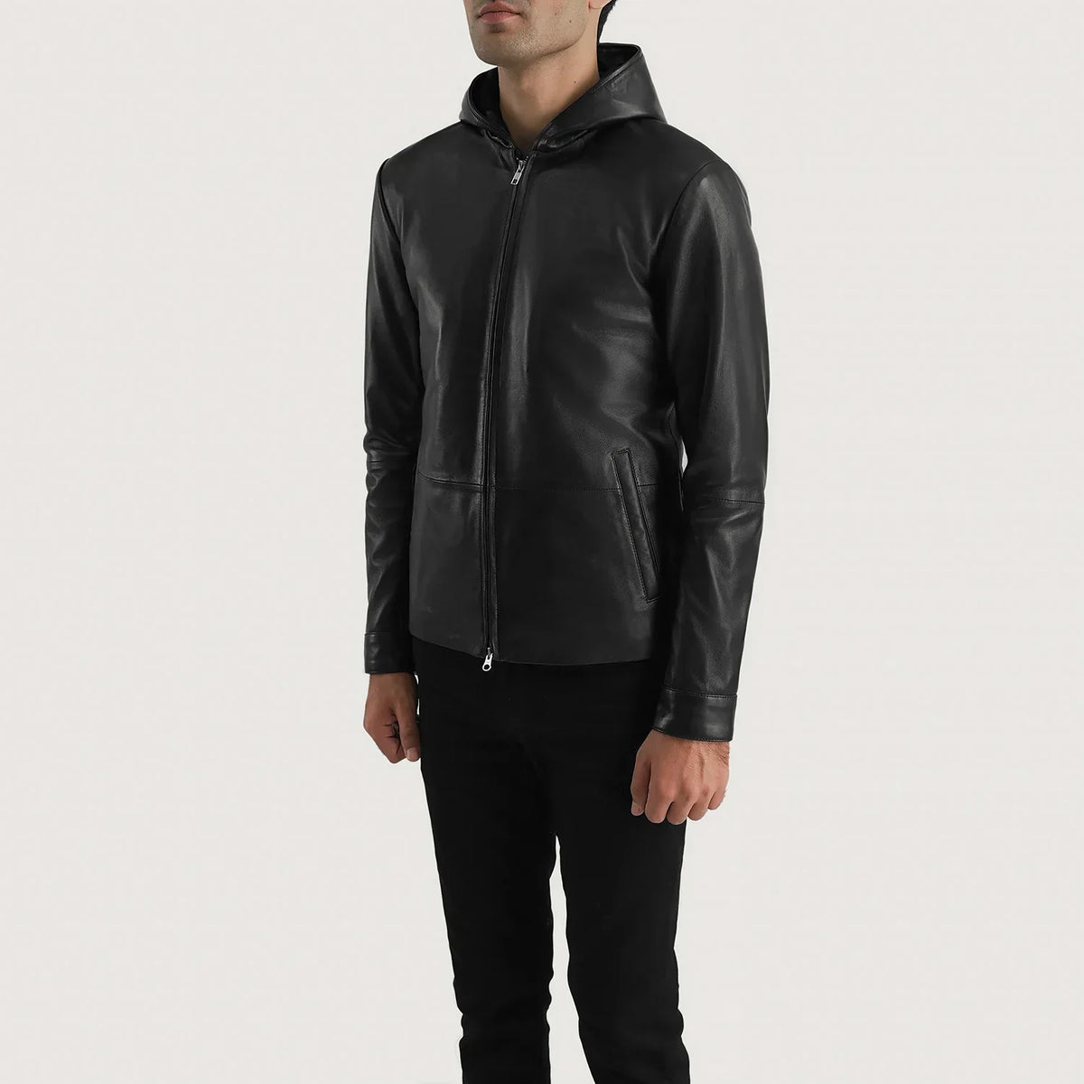 Matte Black Sheepskin Leather Hooded Jacket - Vista trasera con ajuste entallado en hombros y bajo impecable