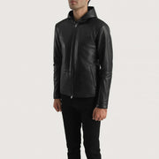 Matte Black Sheepskin Leather Hooded Jacket - Vista trasera con ajuste entallado en hombros y bajo impecable