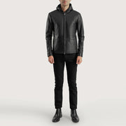 Detalle de cerca of Hooded &amp; Zipper Hardware on Men's Andy Matte Negro Hooded Chaqueta de Cuero para Hombre