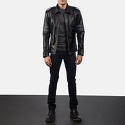 Armstrong Negro Chaqueta Biker de Cuero para Hombre - Vista de perfil lateral con corte ergonómico de manga