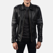 Detalle de cerca of Shirt &amp; Zipper Hardware on Armstrong Negro Chaqueta Biker de Cuero para Hombre