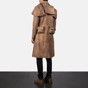 Men's Army Marrón Leather Duster para Hombre - Vista de perfil lateral con corte ergonómico de manga