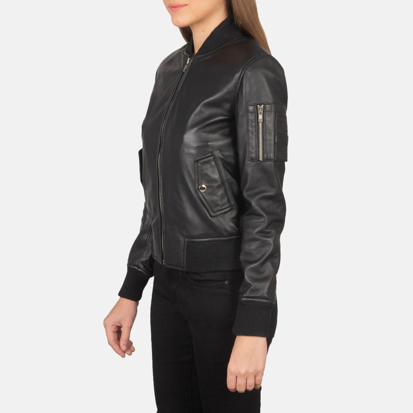 Ava MA-1 Negro Cazadora Bomber de Cuero para Mujer