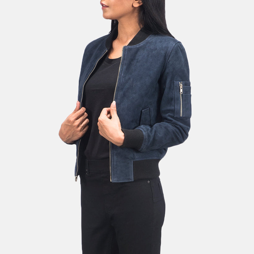 Ava MA-1 Azul Suede Cazadora Bomber de Cuero para Mujer