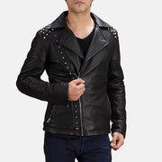 Men's Negro Studded Chaqueta Biker de Cuero para Hombre in Black Sheepskin Leather - Vista frontal y silueta a medida | Comprar online