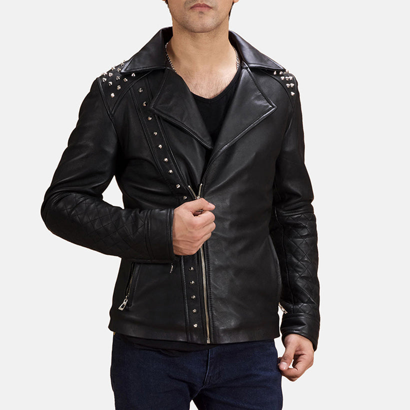 Negro Studded Chaqueta Biker de Cuero para Hombre