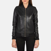 
Vista de detalle of Varsity - Rib Knit & Zipper with Wind Flap Hardware on Bliss Negro Chaqueta Bomber de Cuero para Mujer
