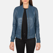 Women's Bliss Azul Cazadora Bomber de Cuero para Mujer in Blue Sheepskin Leather - Vista frontal y silueta a medida | Comprar online