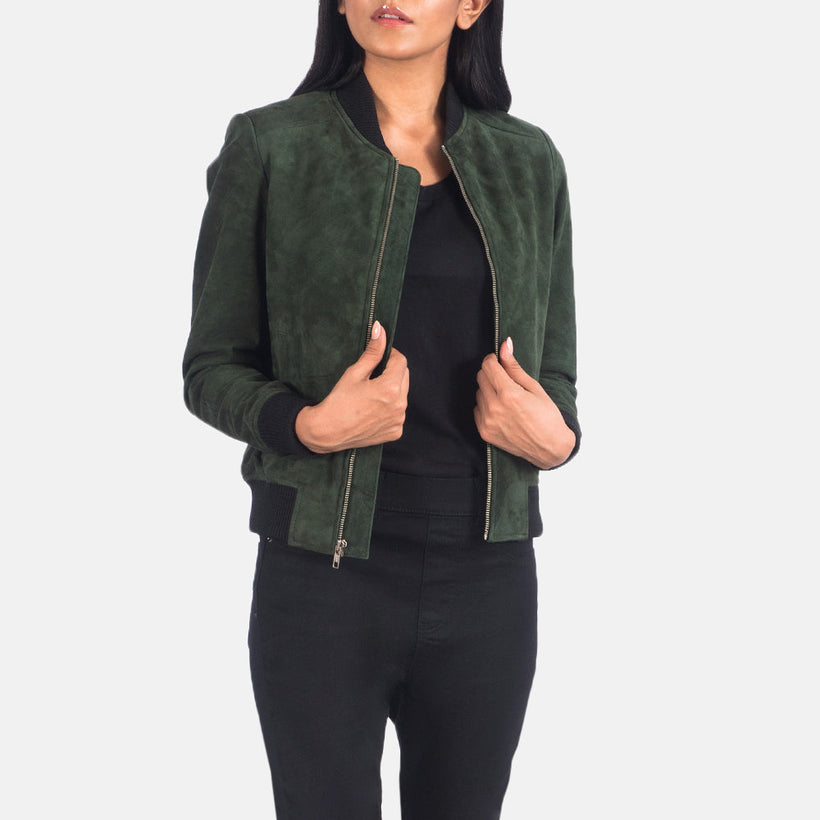 Bliss Verde Suede Cazadora Bomber de Cuero para Mujer
