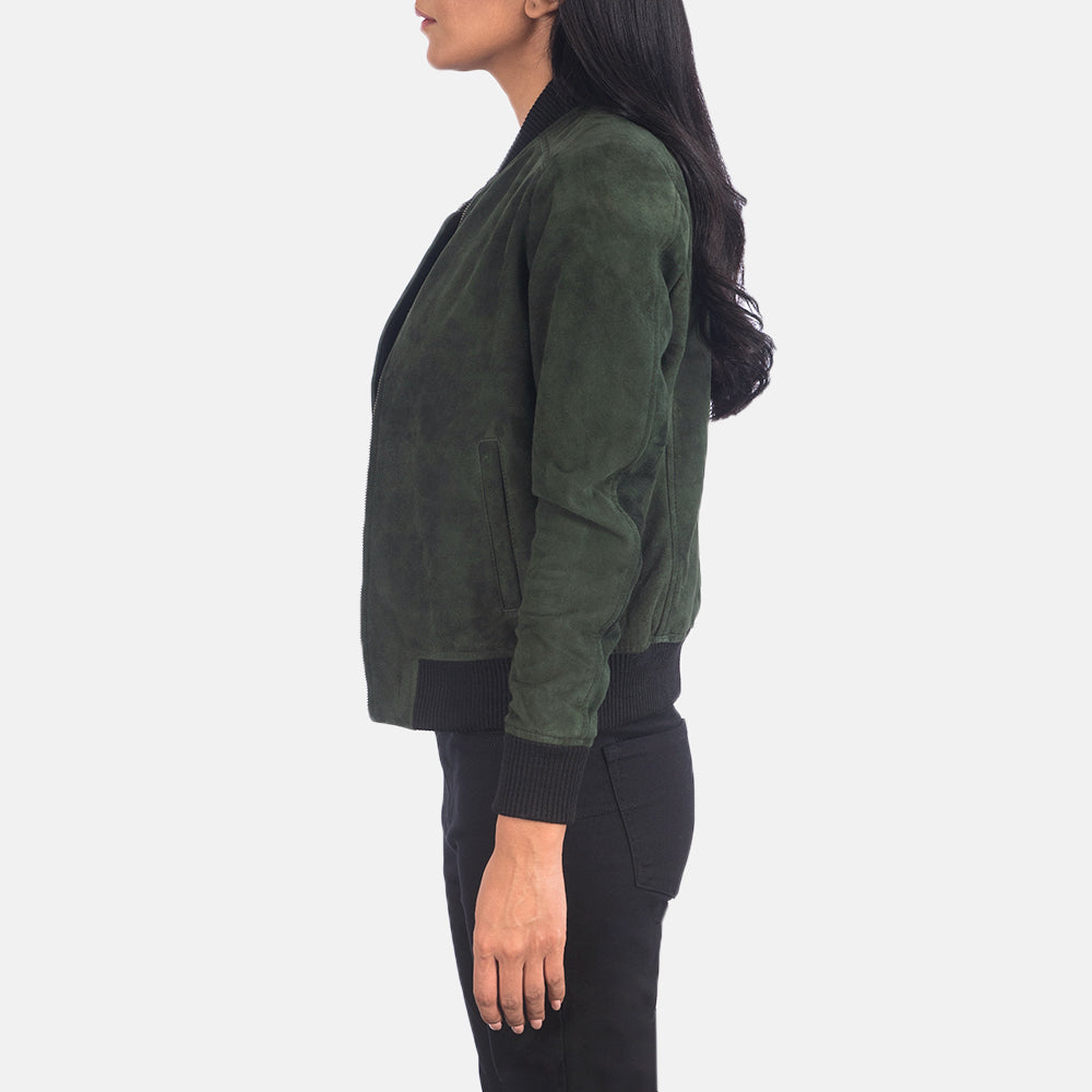 Green Goatskin Suede Bomber Jacket - Vista trasera con ajuste entallado en hombros y bajo impecable