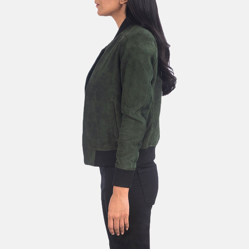 Bliss Verde Suede Cazadora Bomber de Cuero para Mujer