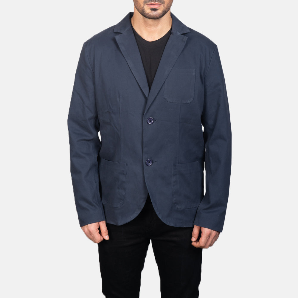 Detalle de cerca of Notch &amp; Button Hardware on Borges Navy Azul Blazer de Cuero para Hombre