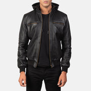 
Bouncer Biz Black Leather Hooded Bomber Jacket in Black Cowhide Leather - Vista frontal y silueta entallada | Comprar online